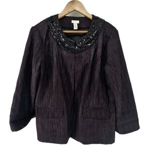Chicos‎ Beaded Embellished Collar Jacket Black Textured Dark Purple Women Size 3
